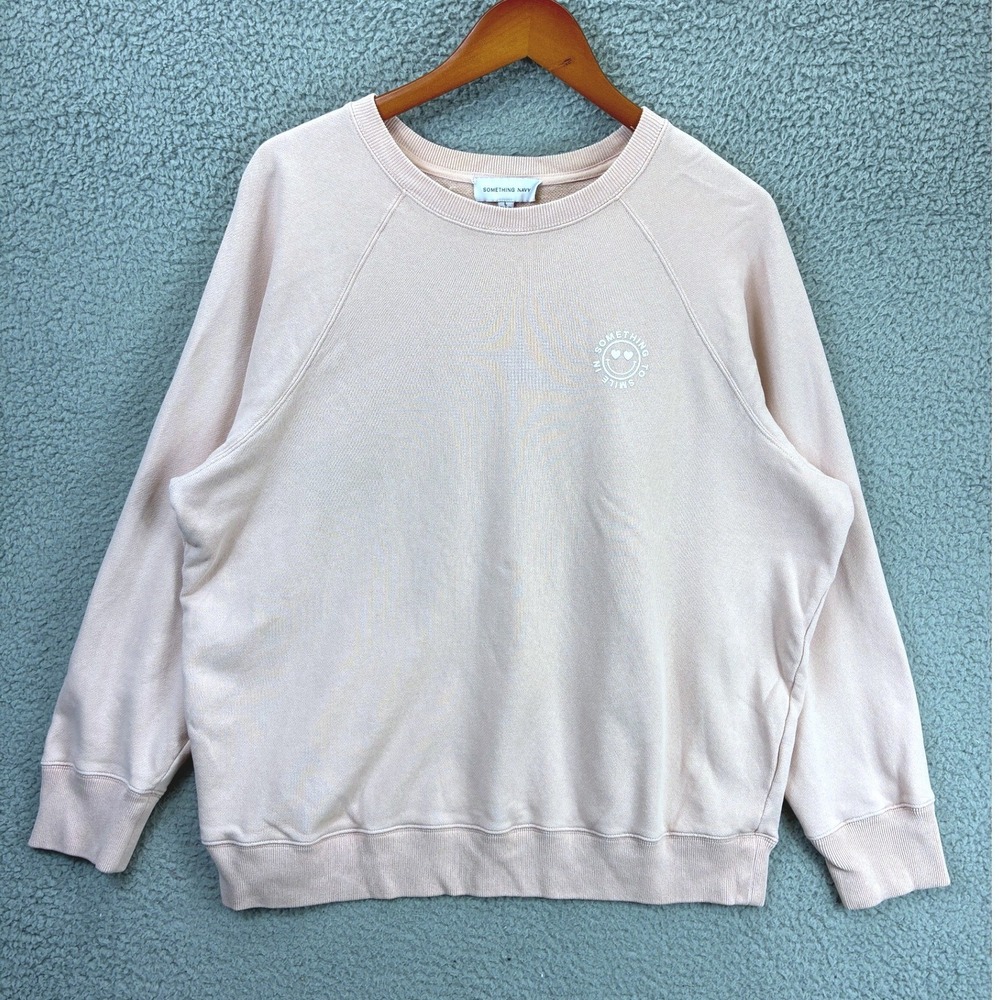Something Navy Graphic Crewneck Sweatshirt Womens L Pink Casual Pullover Cozy